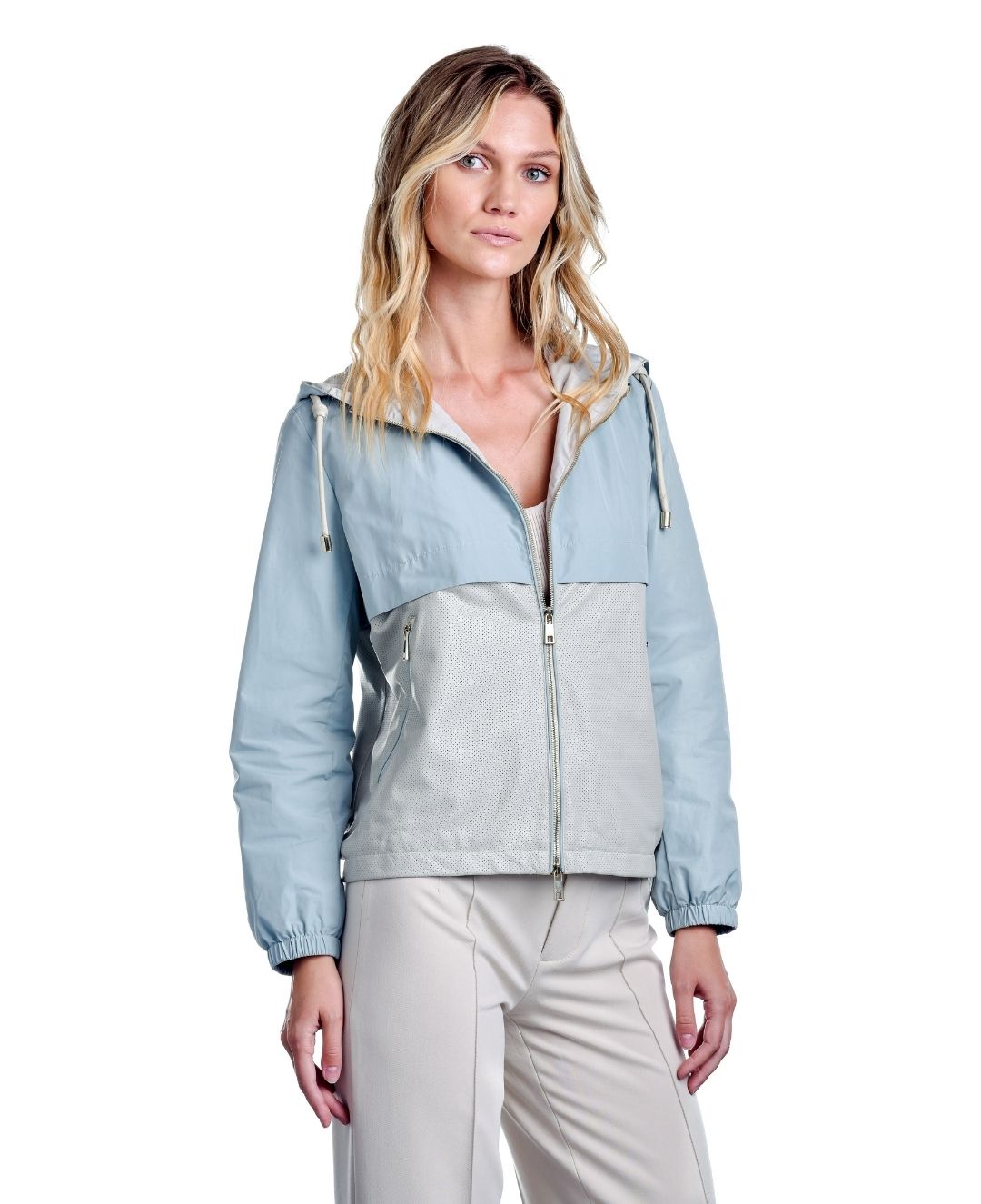 Chamarra de piel con gabardina azul